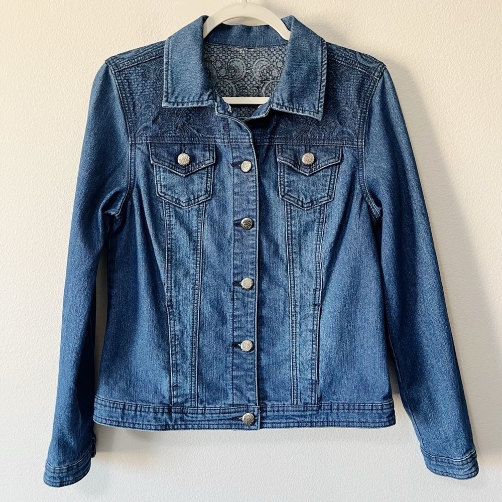 Christopher and Banks Embroidered Scroll Print Denim Jean Jacket Blue Medium?